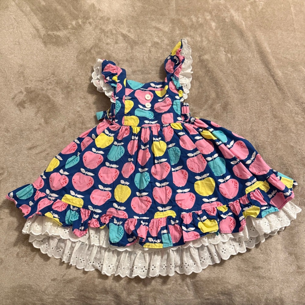 Eleanor Rose Girls Dolly Dress Apple Print Eyelet Lace Ruffle Sleeveless 6-7